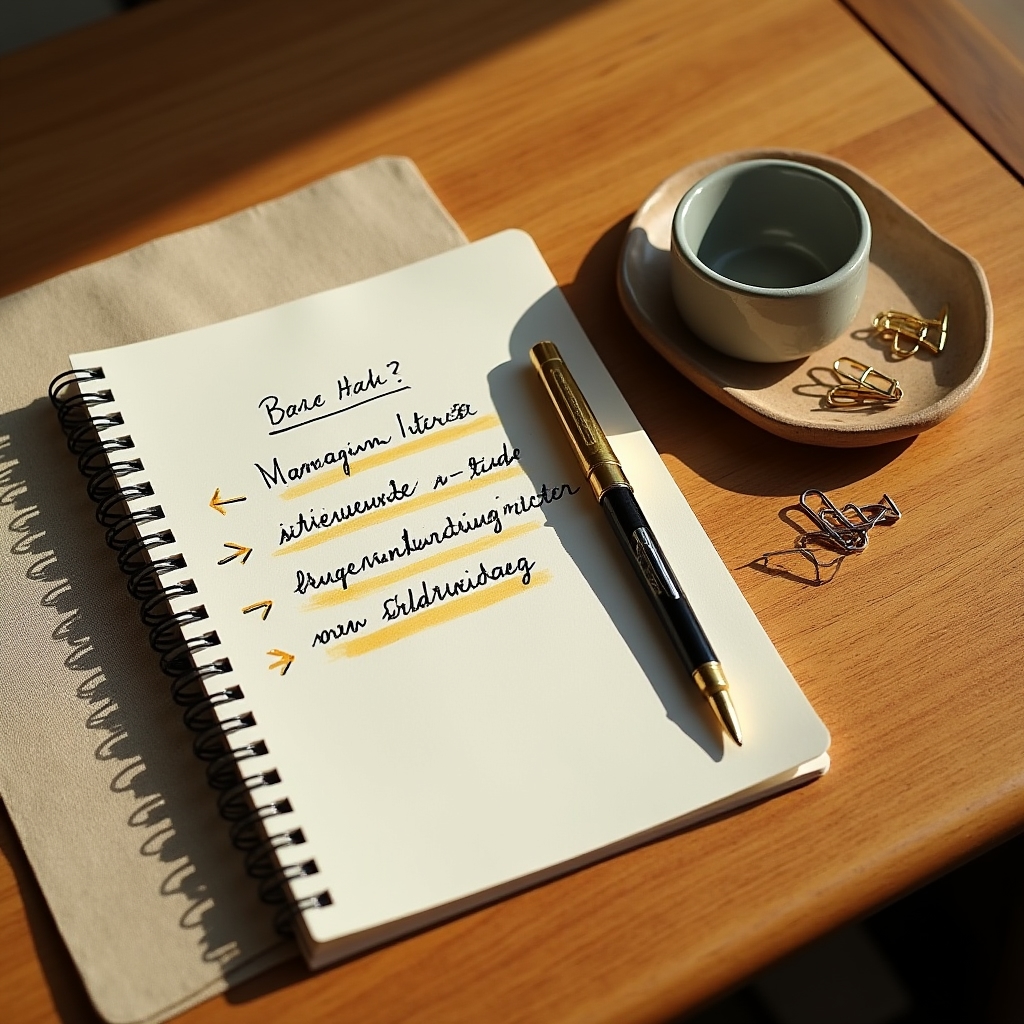 Detailaufnahme eines Schreibtisches mit handschriftlichen Notizen, Stiften und einem aufgeschlagenen Notizbuch in warmen Erdtönen