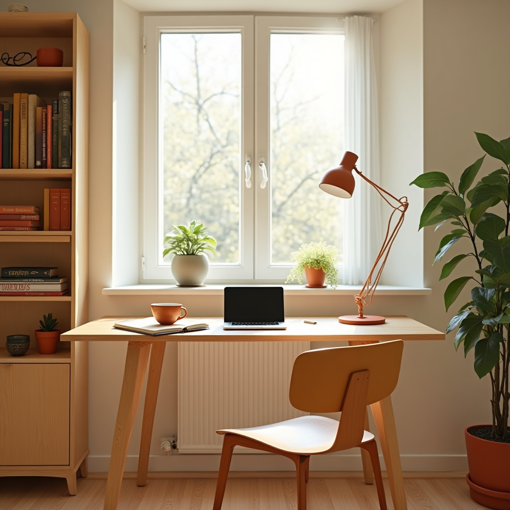 Heller Arbeitsplatz in Nürnberg mit Schreibtisch, Pflanzen und natürlichem Licht durch große Fenster