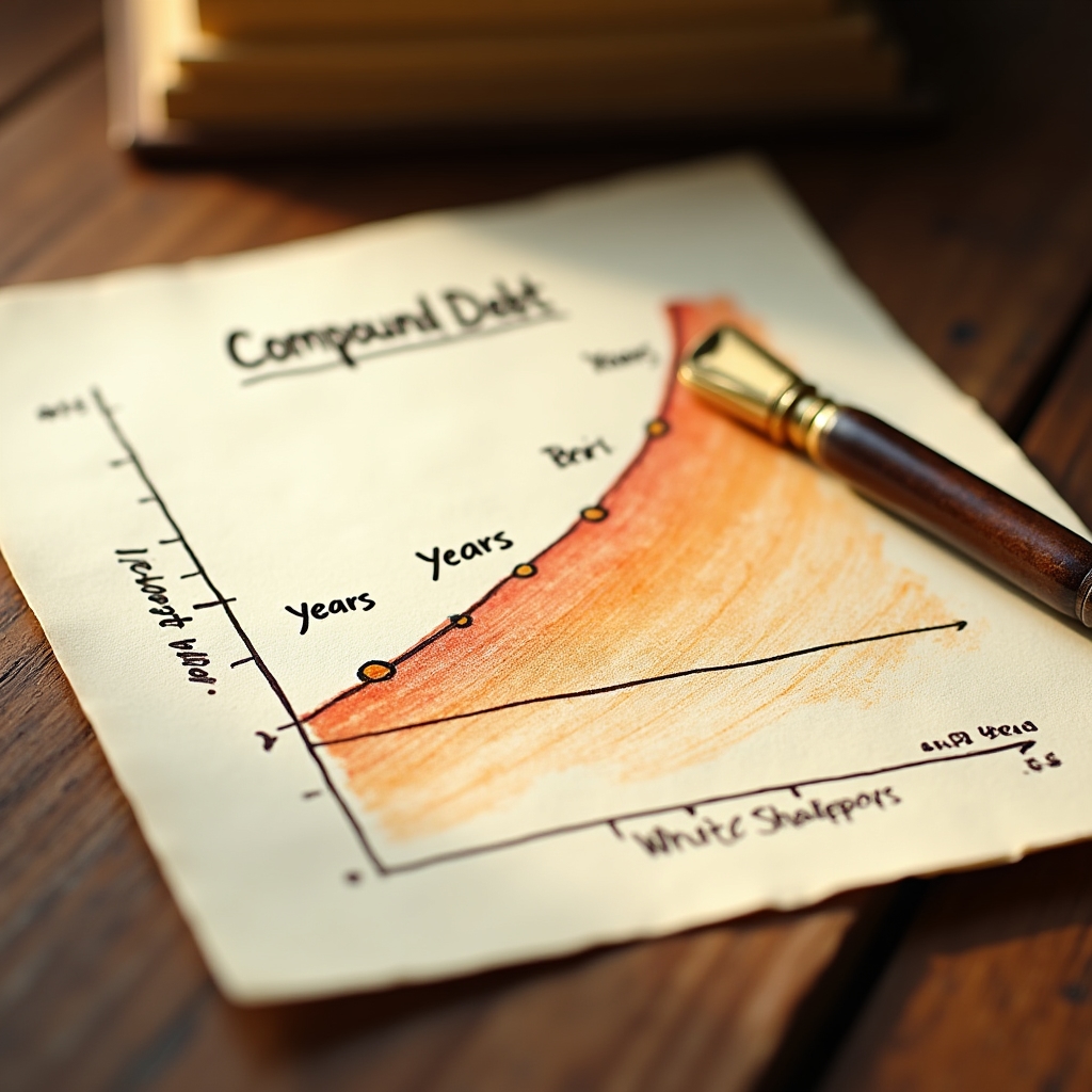 Diagramm zeigt wie eine Schuld durch Zinseszinseffekt über zehn Jahre exponentiell wächst, in warmen Erdtönen gestaltet