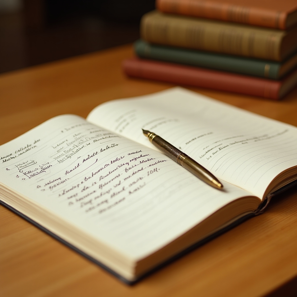 Aufgeschlagenes Notizbuch mit handschriftlichen Notizen zu Bildungskonzepten auf einem Holztisch